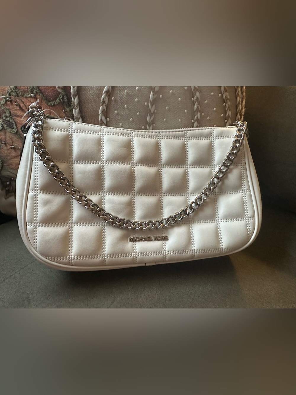 Michael Kors white Quilted Shoulder Bag with Silver Chain